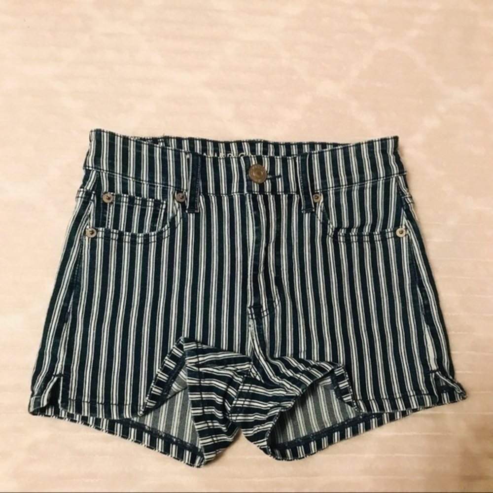 American Eagle Blue White Stripe Hi Rise Shortie Denim Shorts 00 24